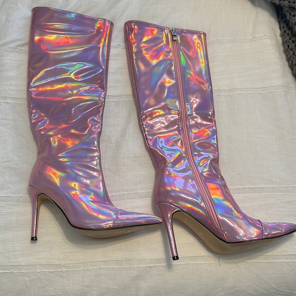 Pink Metallic Knee High Stiletto Boots - Picture 2 of 7